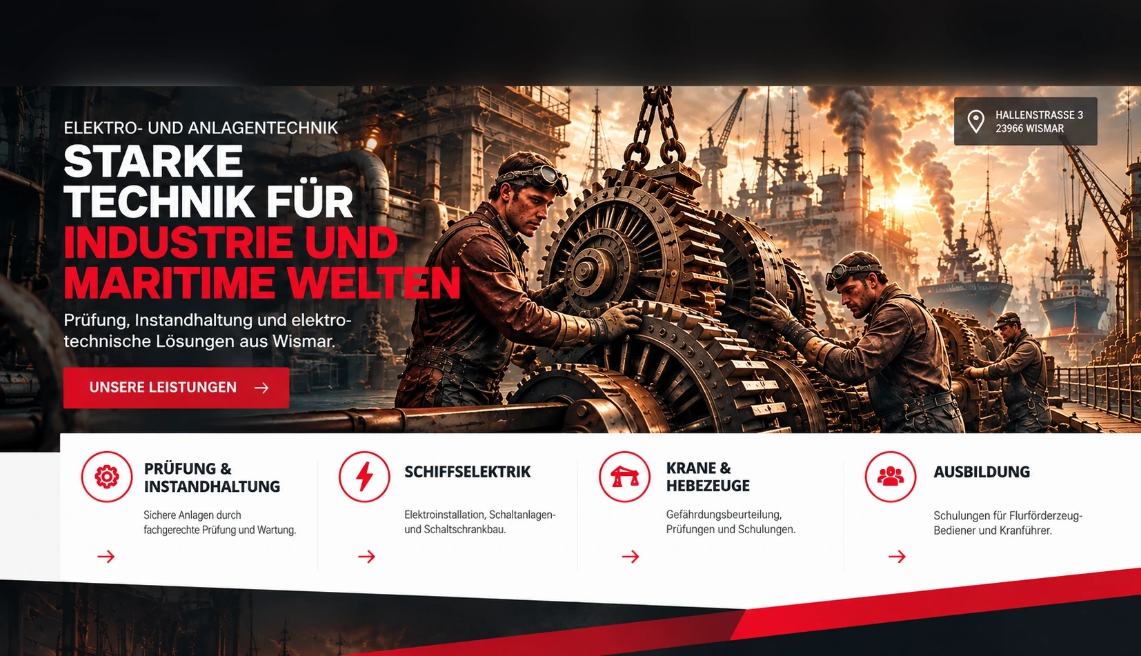 Historisch inspirierte Werftszene mit Technikern, großen Maschinen und Schiffen. EAT Wismar: Starke Technik für Industrie und maritime Welten.
